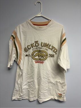 Ecko Unlimited Cream Graphic Tee with pink & Tan Stripes